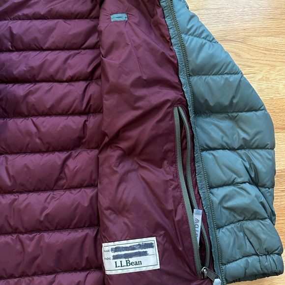 L.L. Bean big boys 14-16 down jacket hooded Sage olive green burgundy - Picture 3 of 4